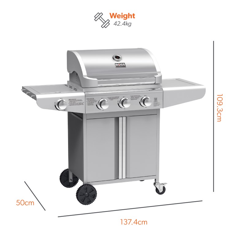 GRADE A2 - Boss Grill Kentucky Premium 4 Burner Gas BBQ - Silver stainless steel