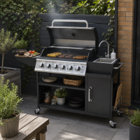Boss Grill Texas Slimline Outdoor Kitchen - 6 Burner Gas BBQ with Sink and Chopping Board - Black