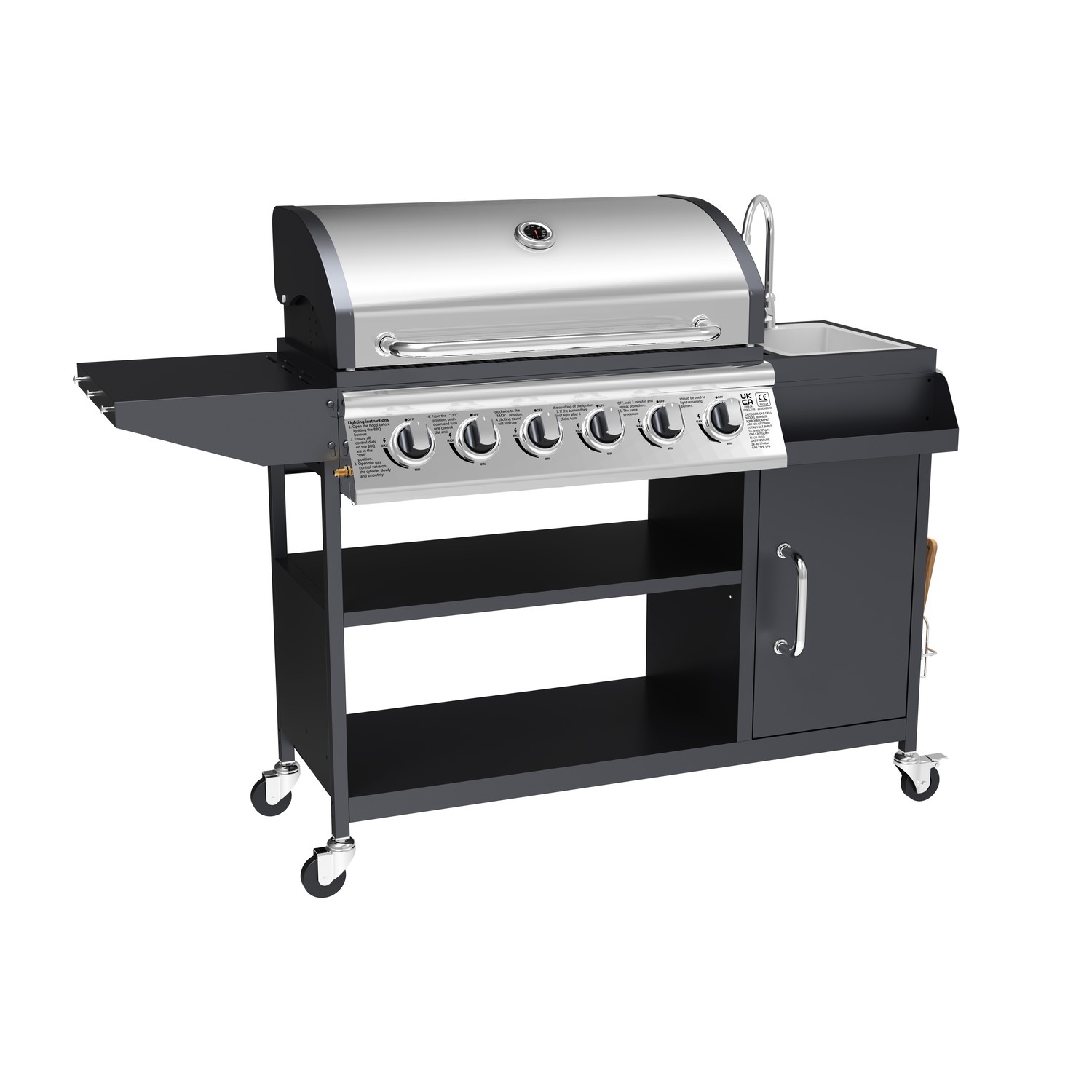 Boss Grill Texas Slimline Outdoor Kitchen – 6 Burner Gas BBQ with Sink and Chopping Board – Black
