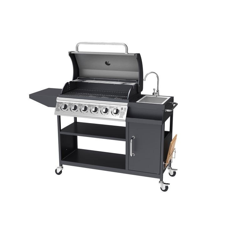 Boss Grill Texas Slimline Outdoor Kitchen - 6 Burner Gas BBQ with Sink - Black