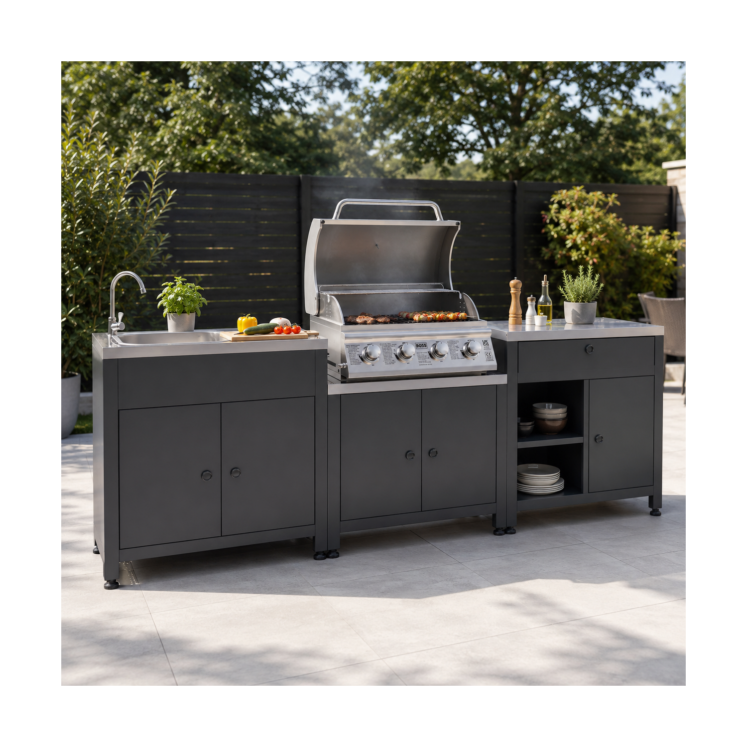 Boss Grill Texas Outdoor Kitchen – 4 Burner Gas BBQ Grill with Side Burner – Black