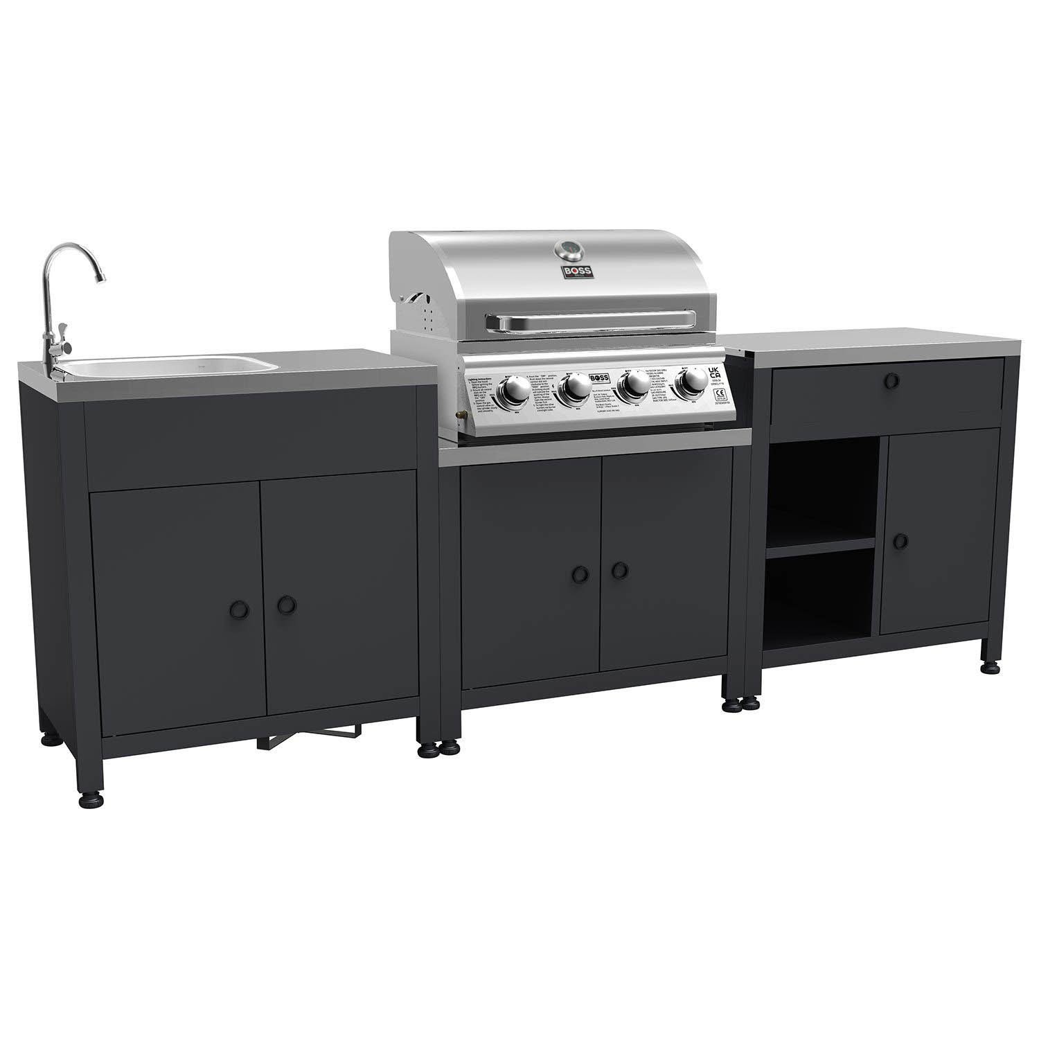 Boss Grill Texas Outdoor Kitchen - 4 Burner Gas BBQ Grill with Side Burner - Black