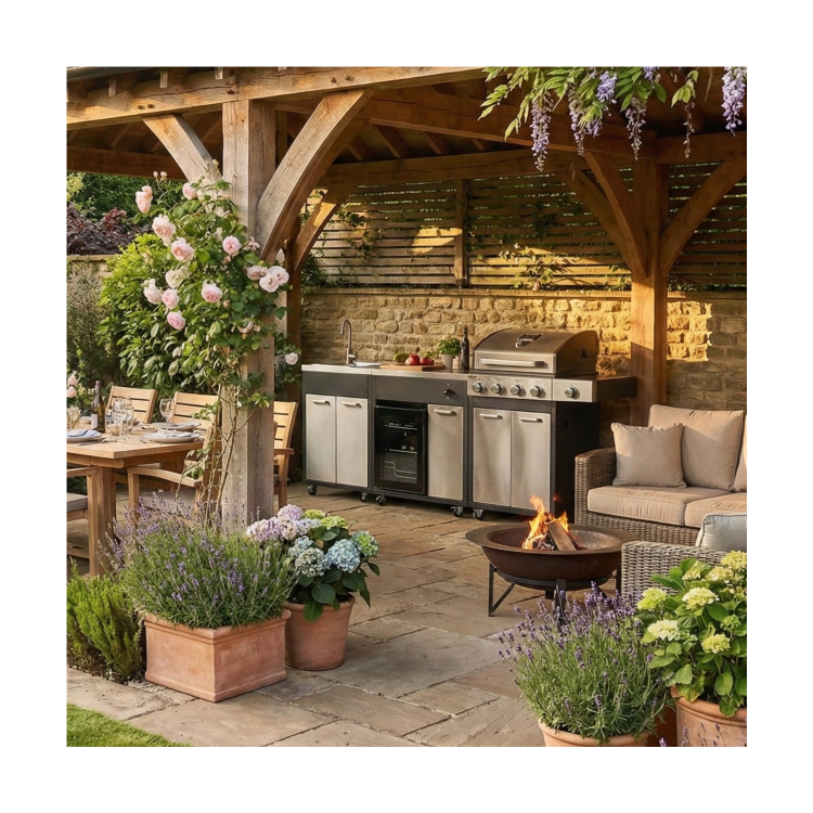 Boss Grill Outdoor Kitchen - 4 Burner Gas BBQ Grill with Beverage Cooler and Sink - Black