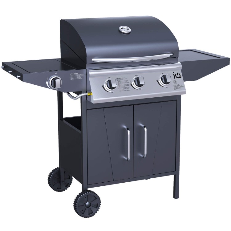 GRADE A3 - Heavy cosmetic damage - iQ 3 Burner Gas BBQ with Side Burner. Free Accessory Pack Includes BBQ Cover and Utensil Set