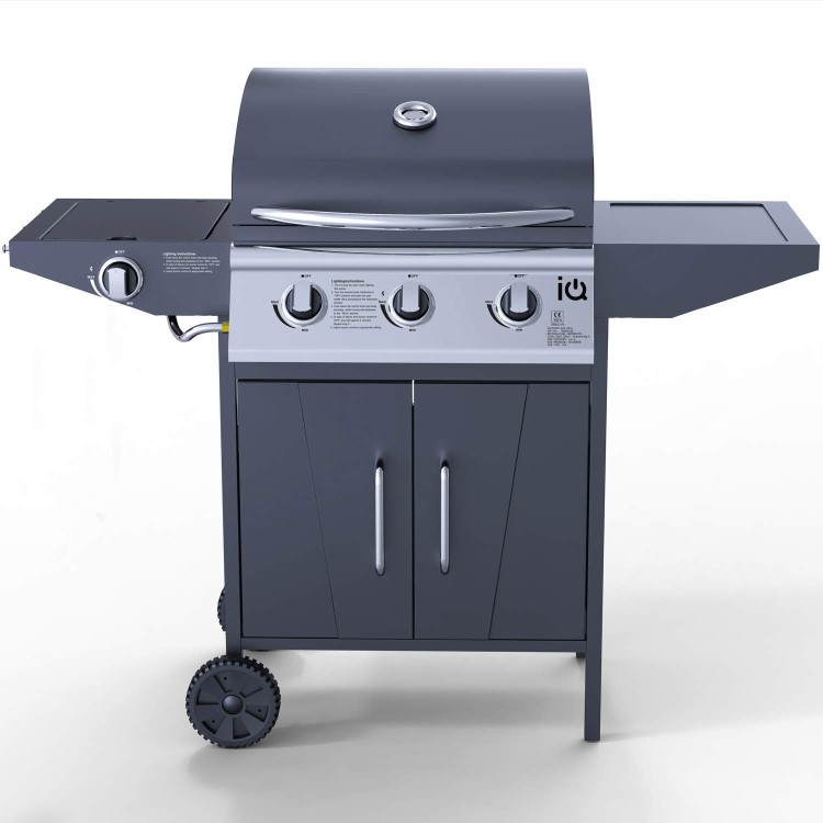 GRADE A3 - Heavy cosmetic damage - iQ 3 Burner Gas BBQ with Side Burner. Free Accessory Pack Includes BBQ Cover and Utensil Set