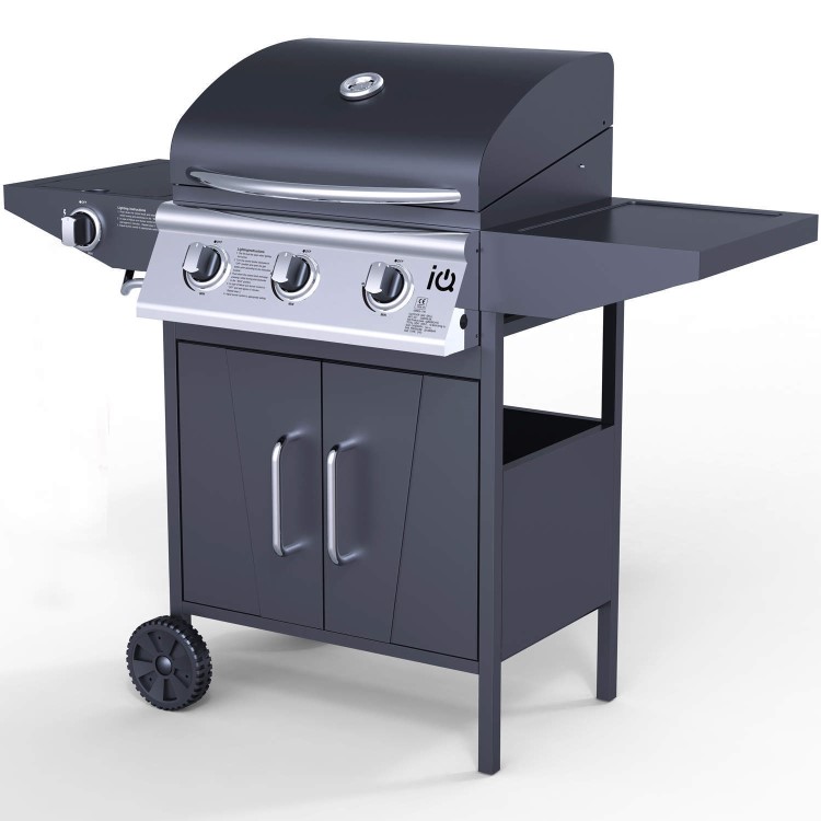 GRADE A3 - Heavy cosmetic damage - iQ 3 Burner Gas BBQ with Side Burner. Free Accessory Pack Includes BBQ Cover and Utensil Set