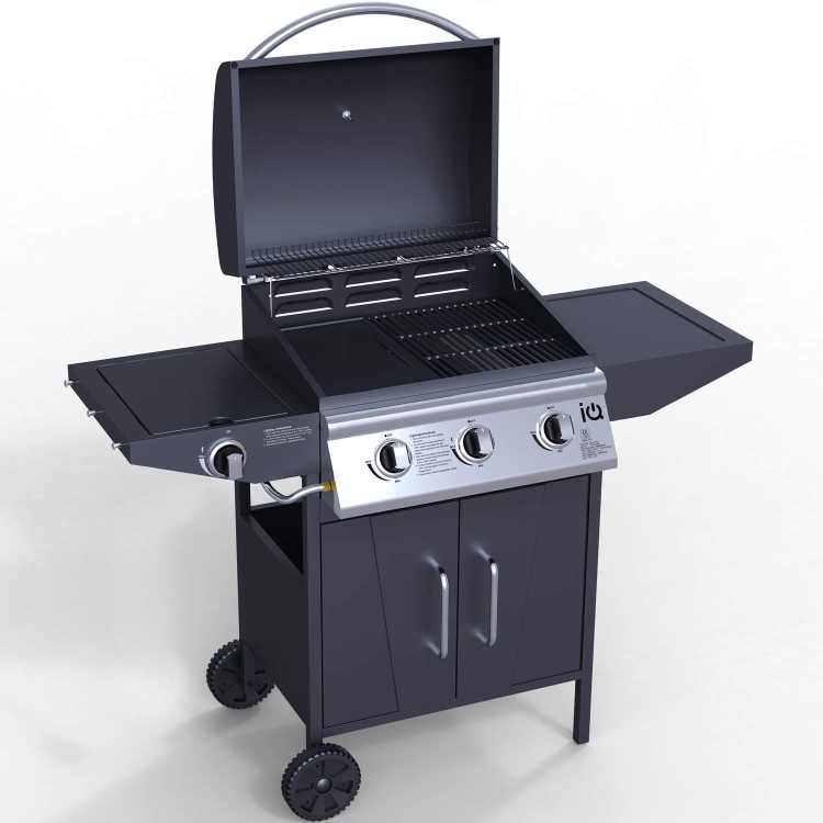 GRADE A3 - Heavy cosmetic damage - iQ 3 Burner Gas BBQ with Side Burner. Free Accessory Pack Includes BBQ Cover and Utensil Set