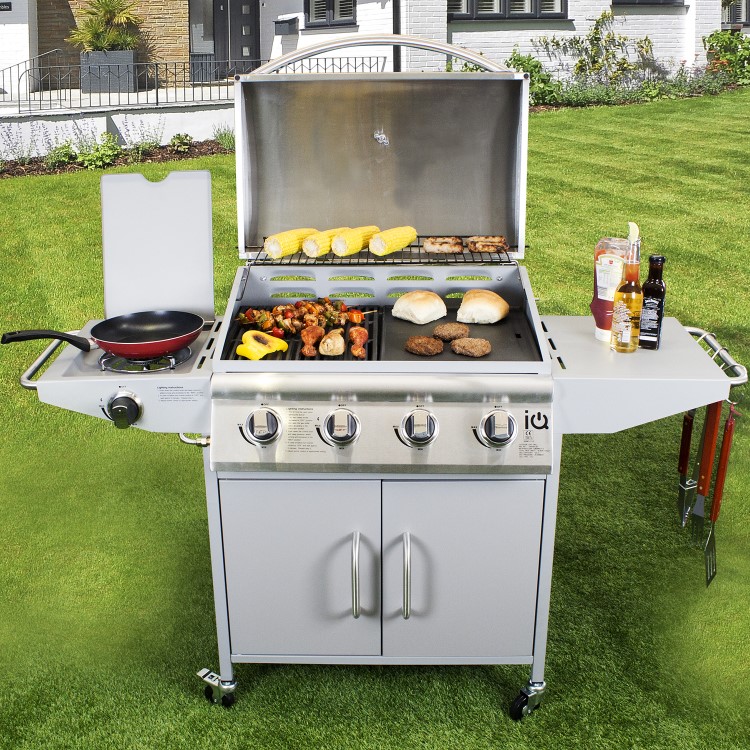 GRADE A1 - iQ 4 Burner Gas BBQ with Side Burner. Free Accessory Pack Includes BBQ Cover and Utensil Set