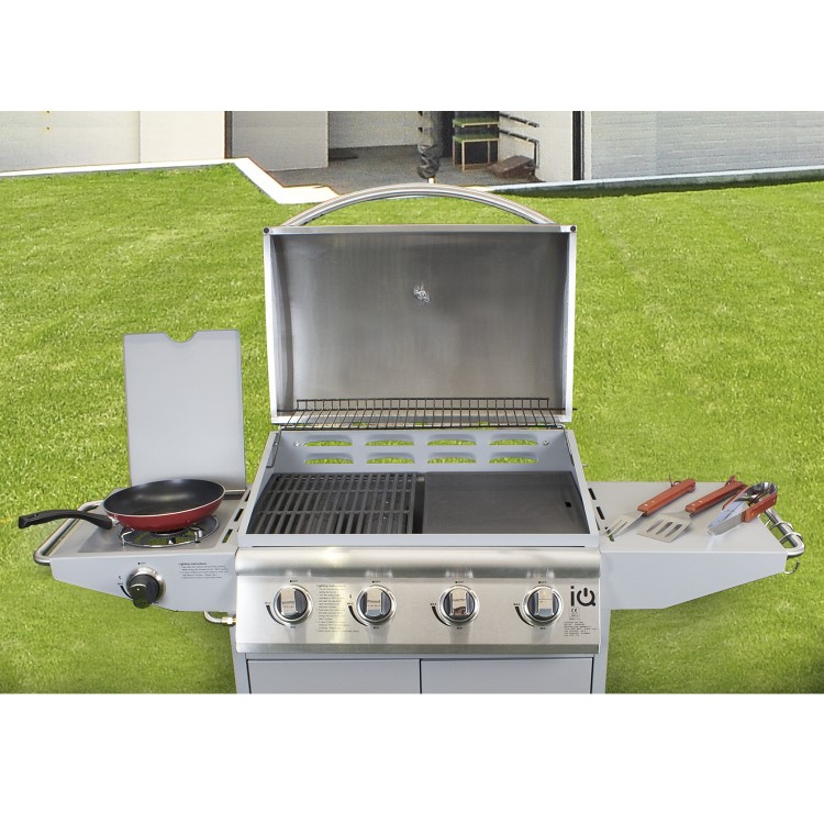 GRADE A1 - iQ 4 Burner Gas BBQ with Side Burner. Free Accessory Pack Includes BBQ Cover and Utensil Set