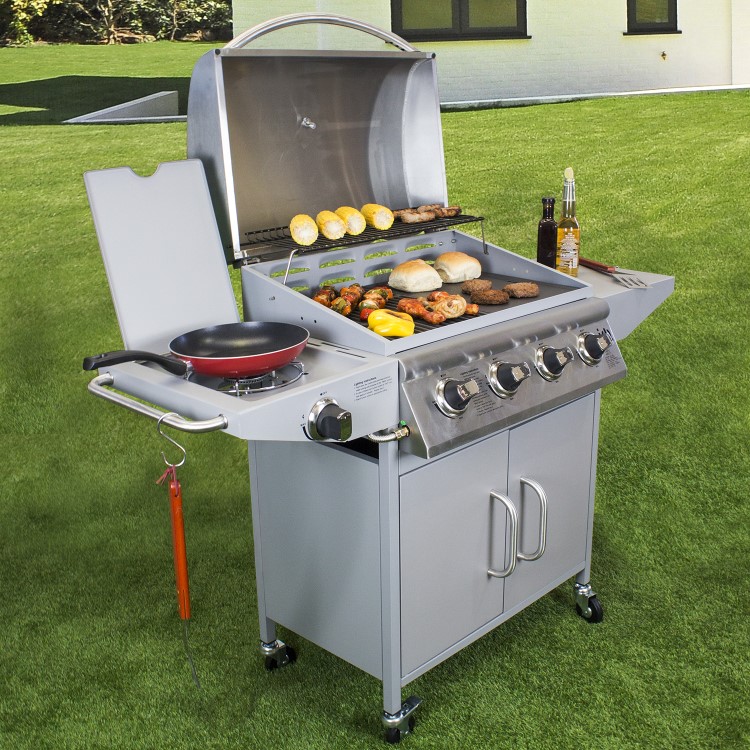 GRADE A1 - iQ 4 Burner Gas BBQ with Side Burner. Free Accessory Pack Includes BBQ Cover and Utensil Set
