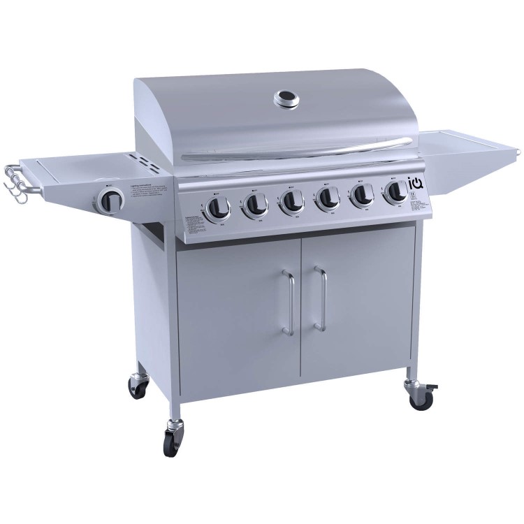 GRADE A3 - Missing Parts - iQ 6 Burner Gas BBQ with Side Burner. Free Accessory Pack Includes BBQ Cover and Utensil Set