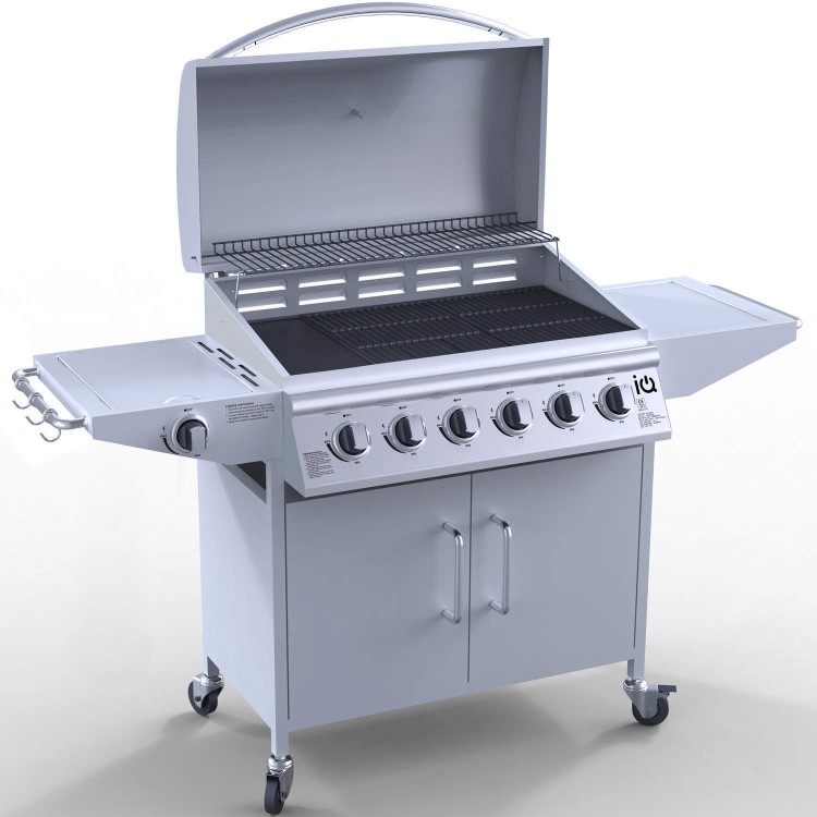 GRADE A1 - As new but box opened - iQ 6 Burner Gas BBQ with Side Burner. Free Accessory Pack Includes BBQ Cover and Utensil Set