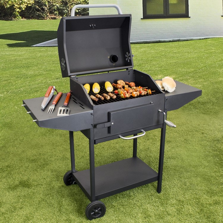 Refurbished electriQ Charcoal American Grill BBQ with Chimney Smoker Function and Free Accessory Pack Includes BBQ Cover and Utensil Set
