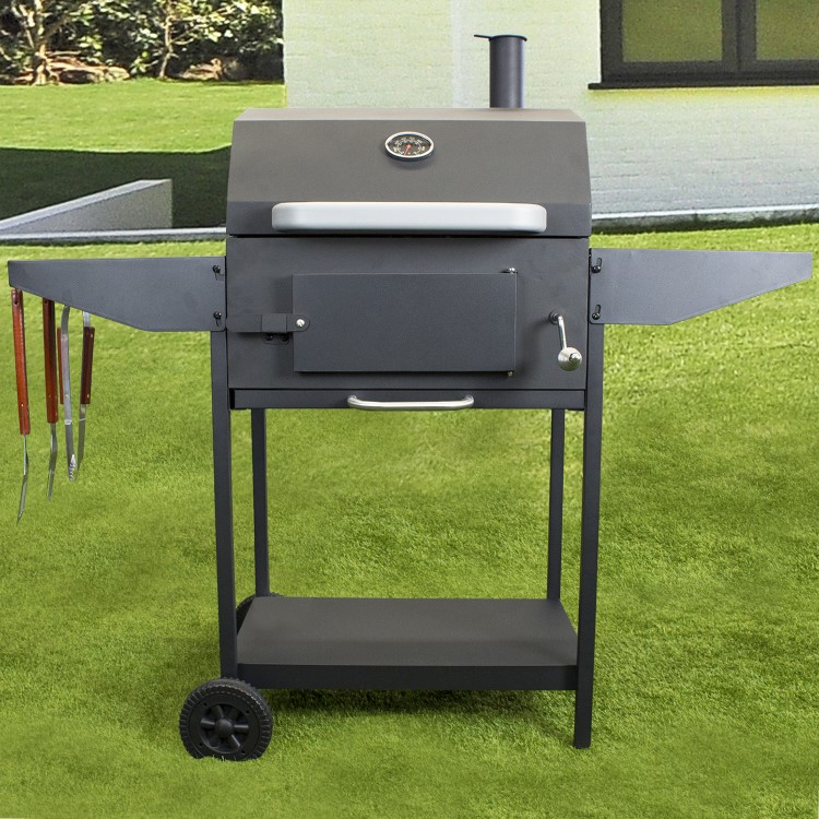 Refurbished electriQ Charcoal American Grill BBQ with Chimney Smoker Function and Free Accessory Pack Includes BBQ Cover and Utensil Set