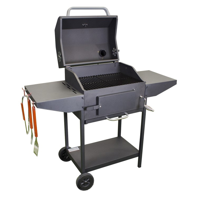 GRADE A1 - iQ Charcoal American Grill BBQ with Chimney Smoker Function Free Accessory Pack Includes BBQ Cover Utensil Set and Charcoal Starter