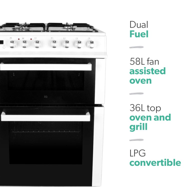 electriQ 60cm Double Oven Dual Fuel Cooker - White