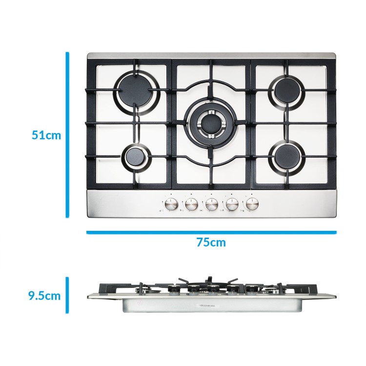 electriQ 75cm 5 Burner Gas Hob - Stainless Steel