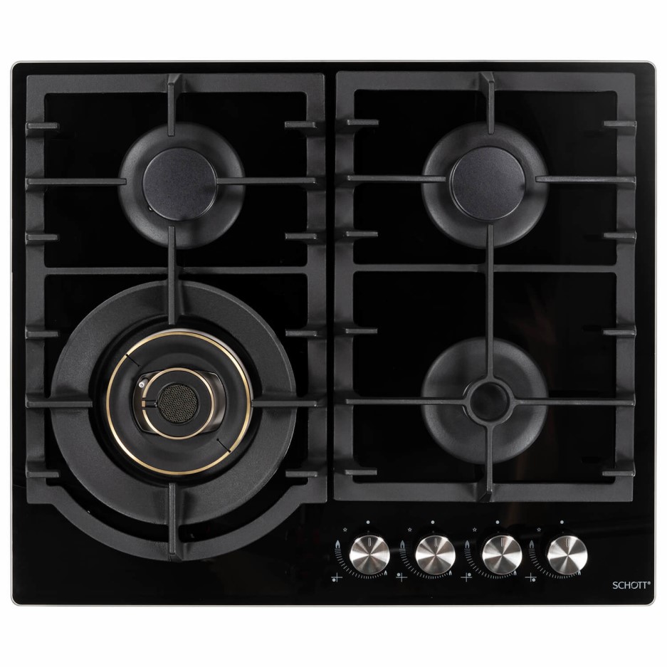 electriQ 60cm Gas on Glass 4 Burner Gas Hob with Volcano Wok Burner