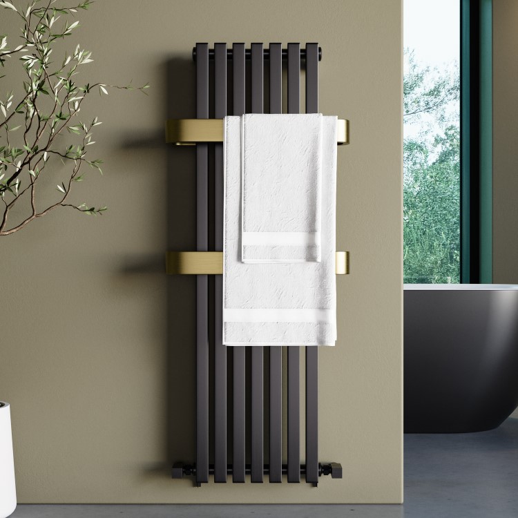 GRADE A2 - Gunmetal Vertical Single Panel Radiator with Brass Towel Bars 1200 x 500mm - Iraya