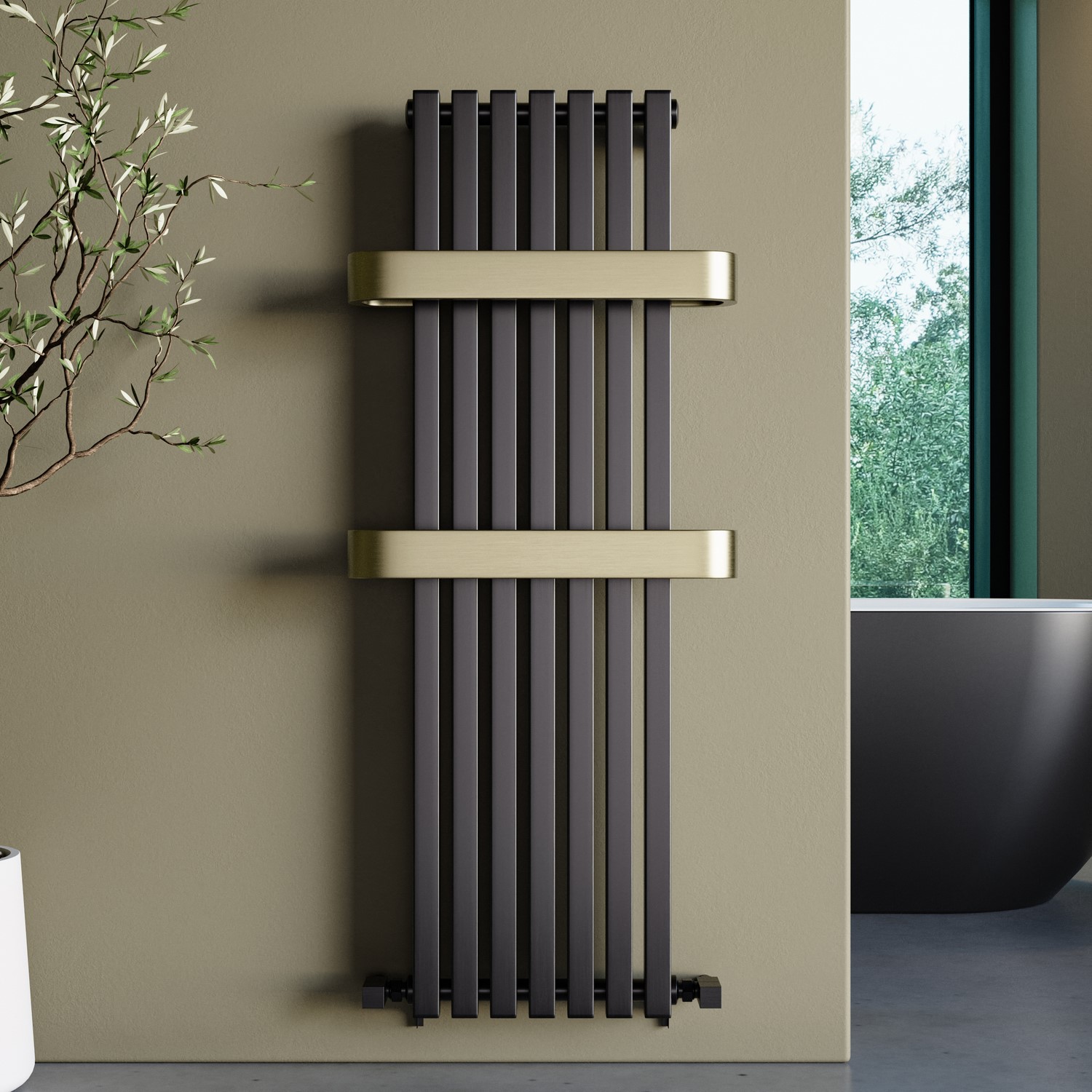 Gunmetal Vertical Single Panel Radiator with Brass Towel Bars 1200 x ...