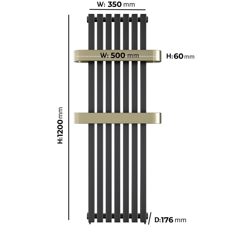 Gunmetal Vertical Single Panel Radiator with Brass Towel Bars 1200 x 500mm - Iraya