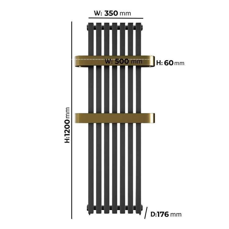 Gunmetal Vertical Single Panel Radiator with Brass Towel Bars 1200 x 500mm - Iraya