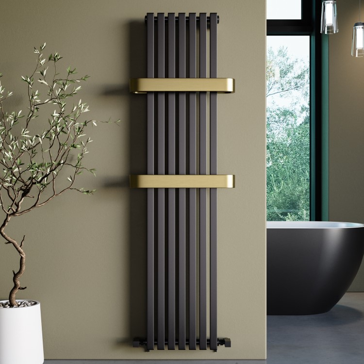 Gunmetal Vertical Single Panel Radiator with Brass Towel Bars 1600 x 500mm - Iraya