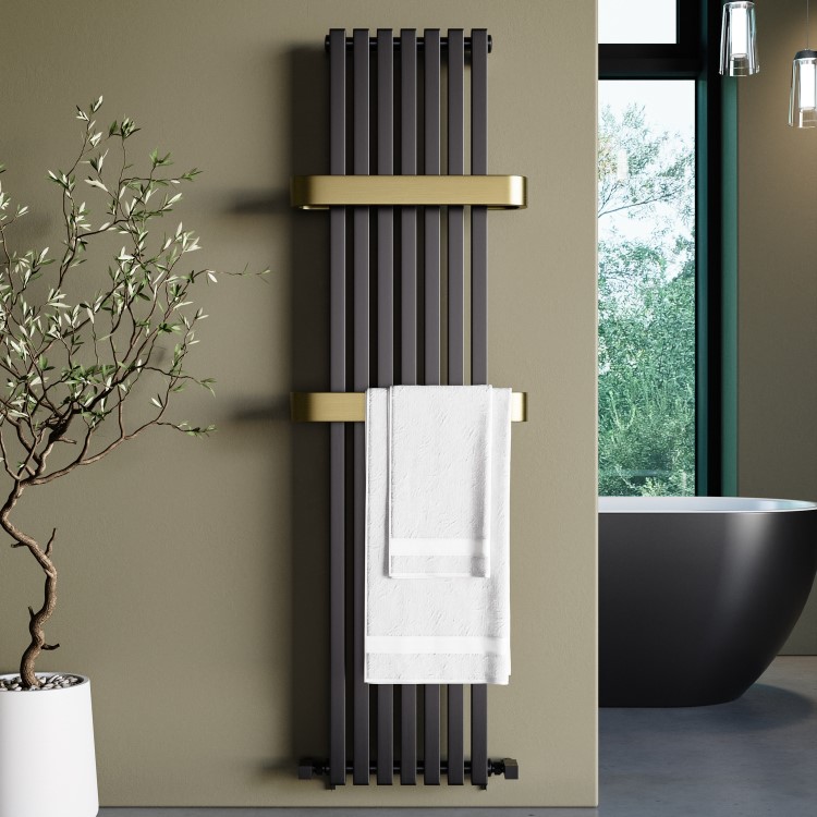 Gunmetal Vertical Single Panel Radiator with Brass Towel Bars 1600 x 500mm - Iraya