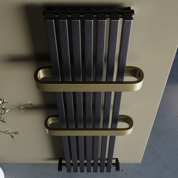 Gunmetal Vertical Single Panel Radiator with Brass Towel Bars 1600 x 500mm - Iraya