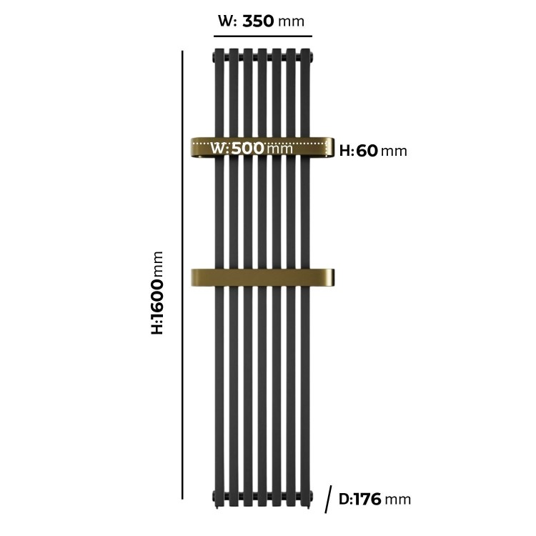 Gunmetal Vertical Single Panel Radiator with Brass Towel Bars 1600 x 500mm - Iraya