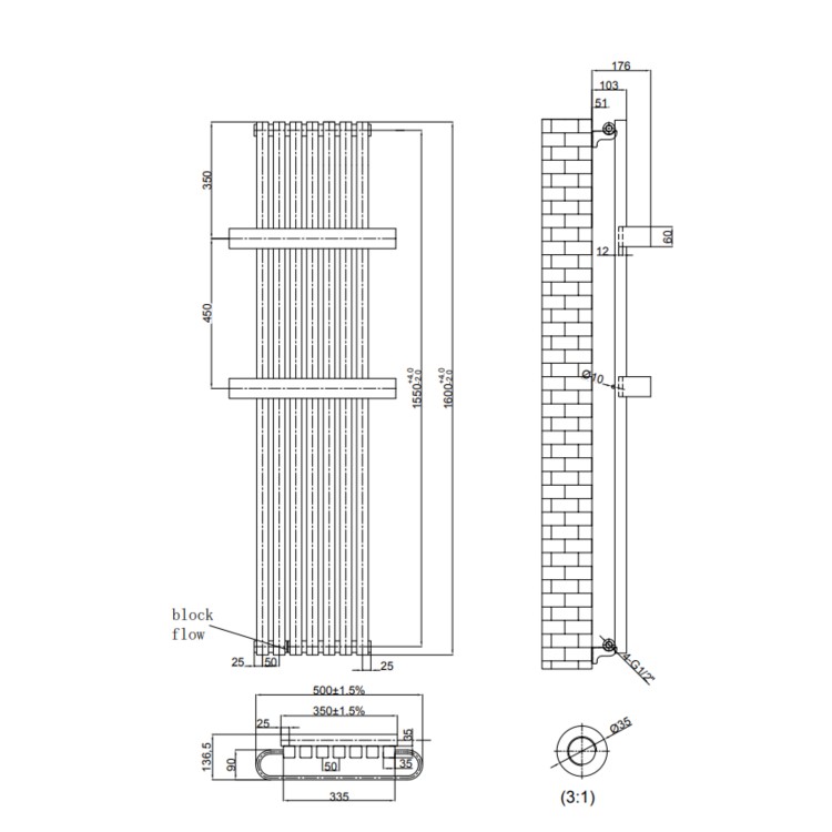 Gunmetal Vertical Single Panel Radiator with Brass Towel Bars 1600 x 500mm - Iraya