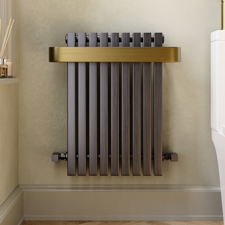 Gunmetal Single Panel Radiator with Brass Towel Bar 600 x 600mm - Iraya