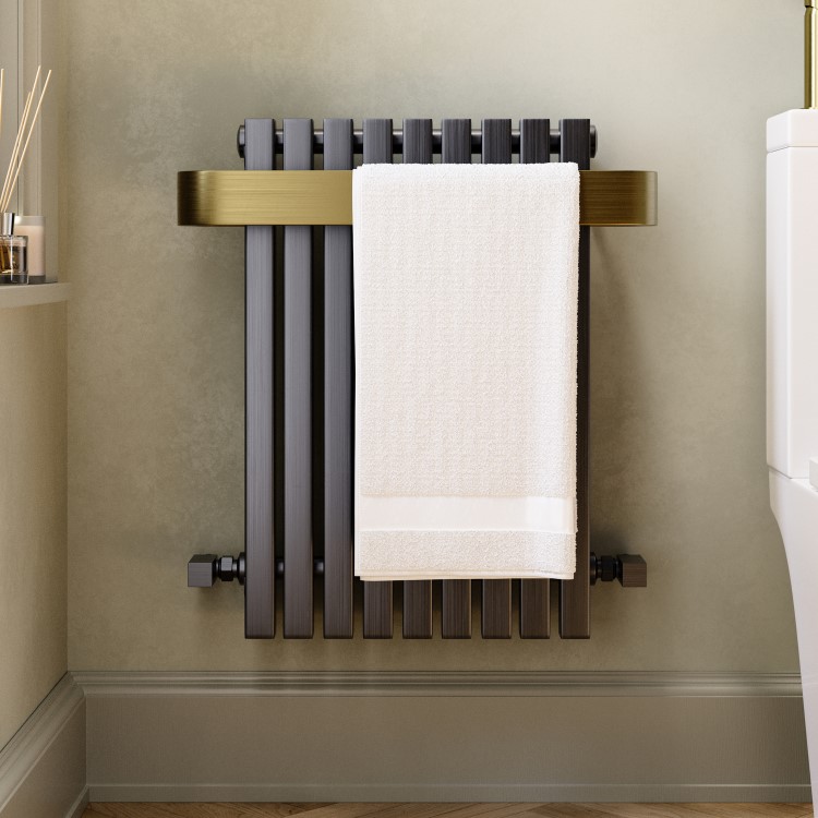 Gunmetal Single Panel Radiator with Brass Towel Bar 600 x 600mm - Iraya