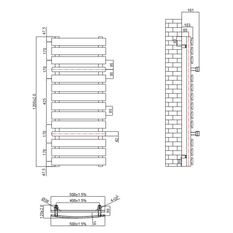 Gunmetal Grey Towel Radiator with Brass Bars 1200 x 500mm - Iraya