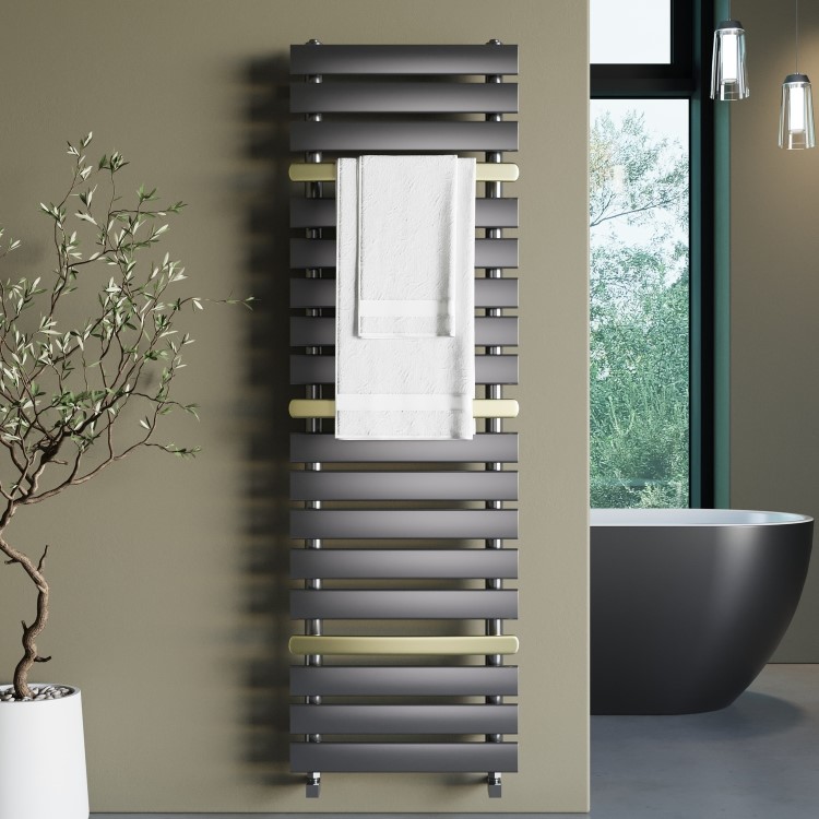 Gunmetal Grey Towel Radiator with Brass Bars 1600 x 500mm - Iraya