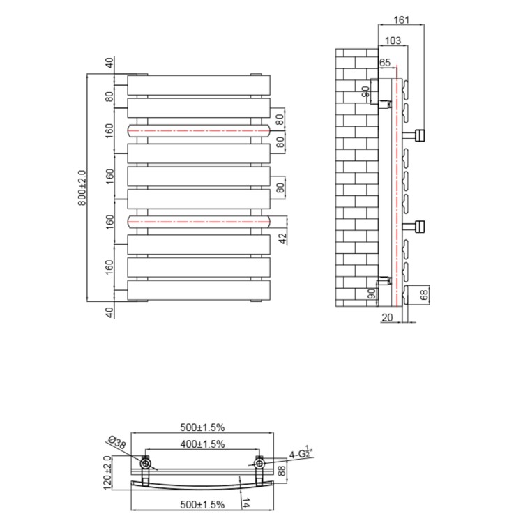 Gunmetal Grey Towel Radiator with Brass Bars 800 x 500mm - Iraya