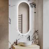 Single Door Oval Recessed Chrome Heated Bathroom Mirror Cabinet with Lights 1150 x 450mm- Irena