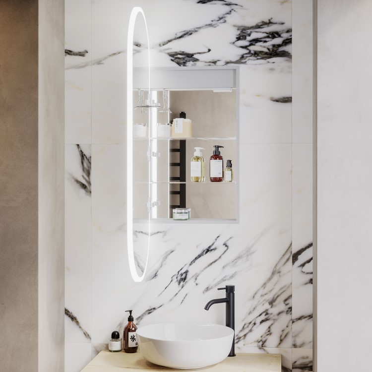 Single Door Oval Recessed Chrome Heated Bathroom Mirror Cabinet with Lights 1150 x 450mm- Irena