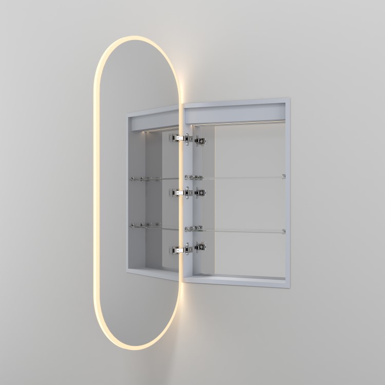Single Door Oval Recessed Chrome Heated Bathroom Mirror Cabinet with Lights 1150 x 450mm- Irena