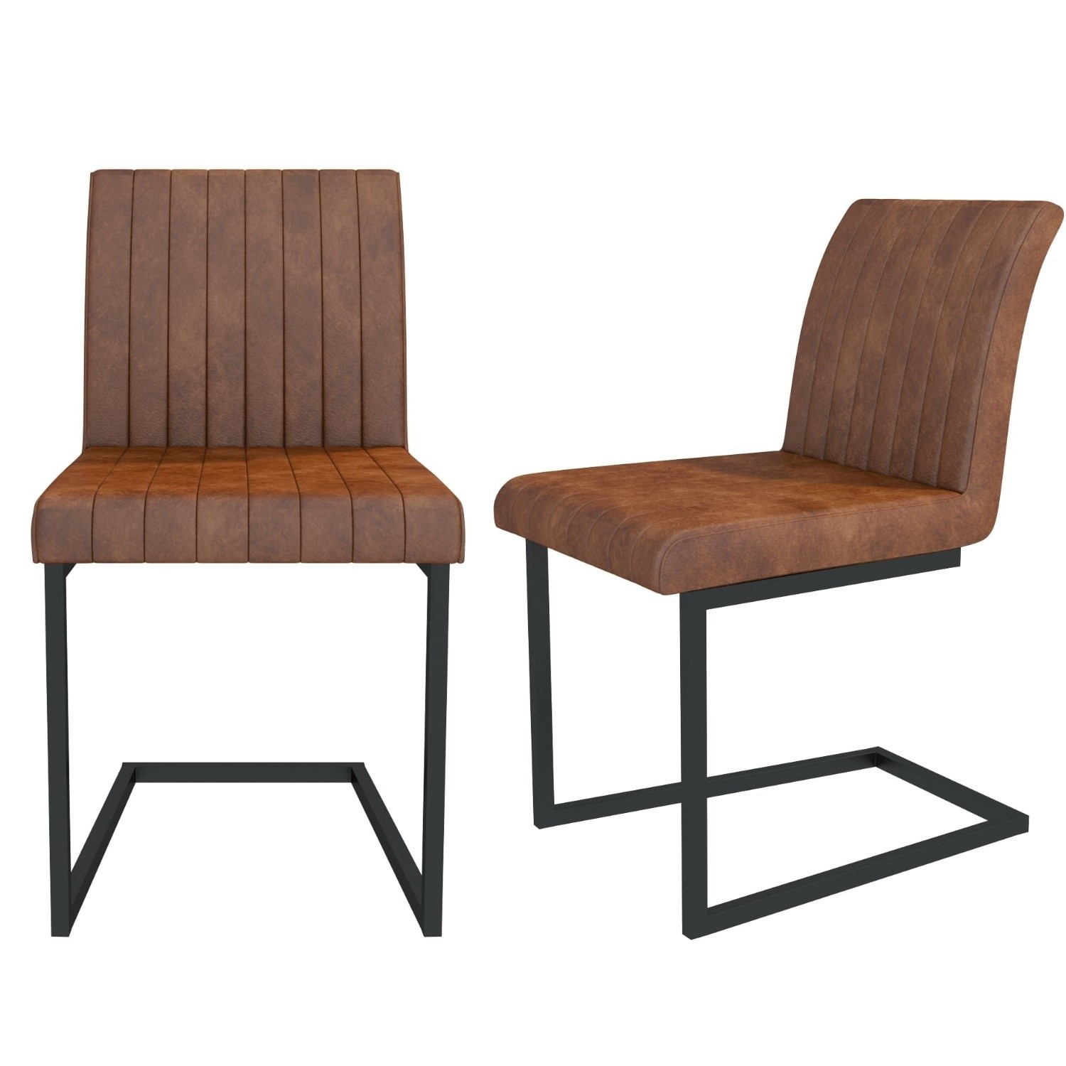 Retro Vintage Tan Leather Pair Dining Chairs Metal Cantilever
