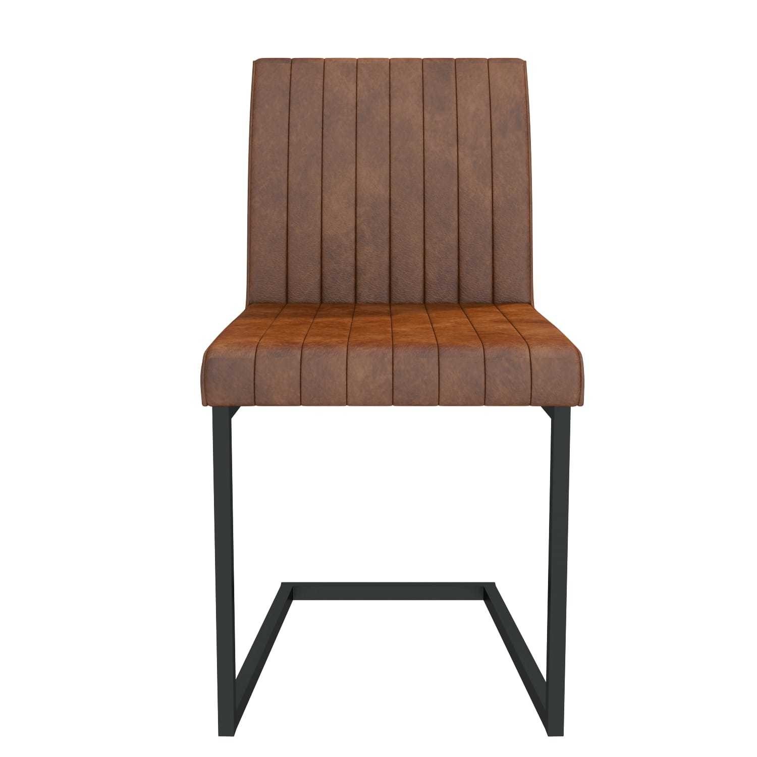 Retro Vintage Tan Leather Pair Dining Chairs Metal Cantilever