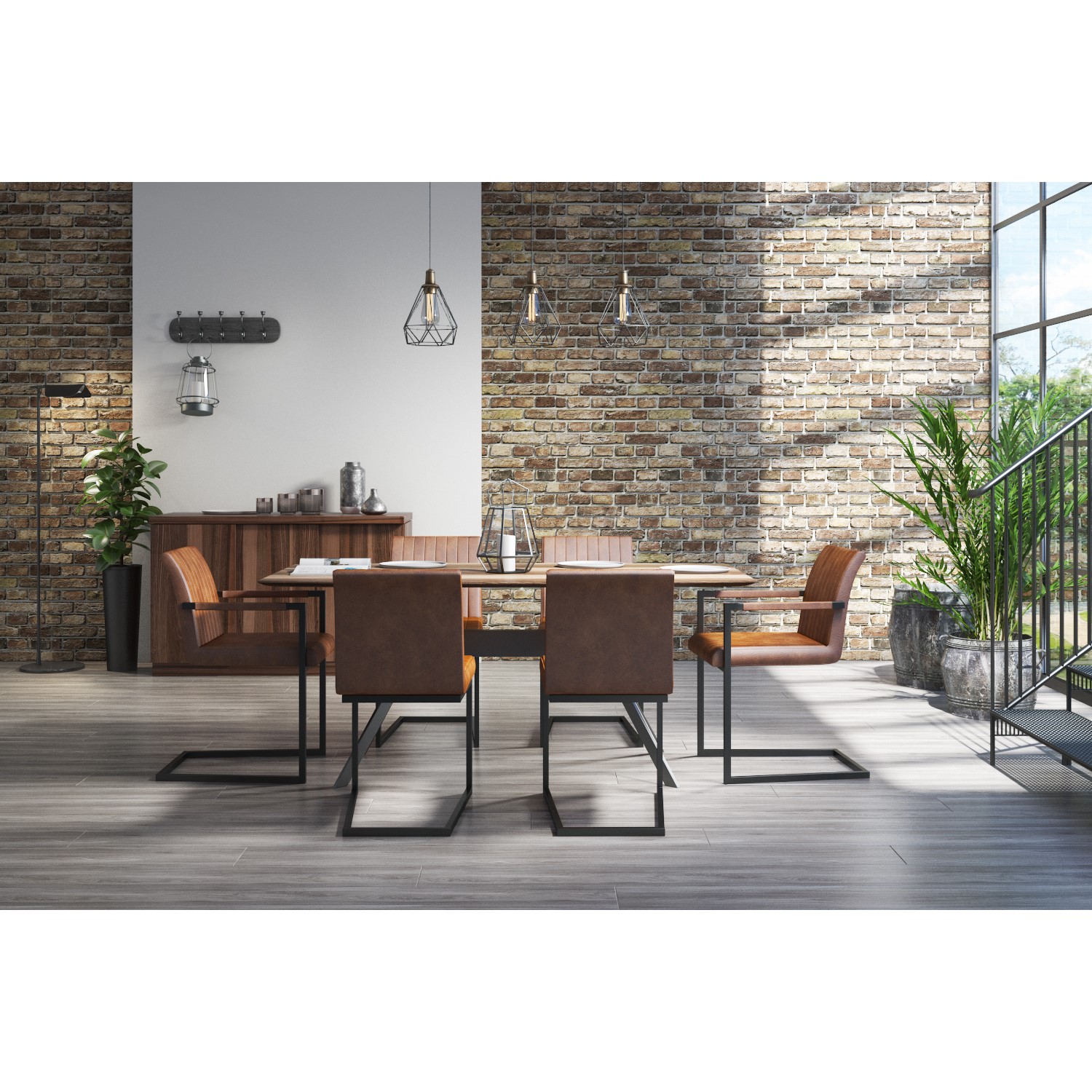 Retro Vintage Tan Leather Pair Dining Chairs Metal Cantilever