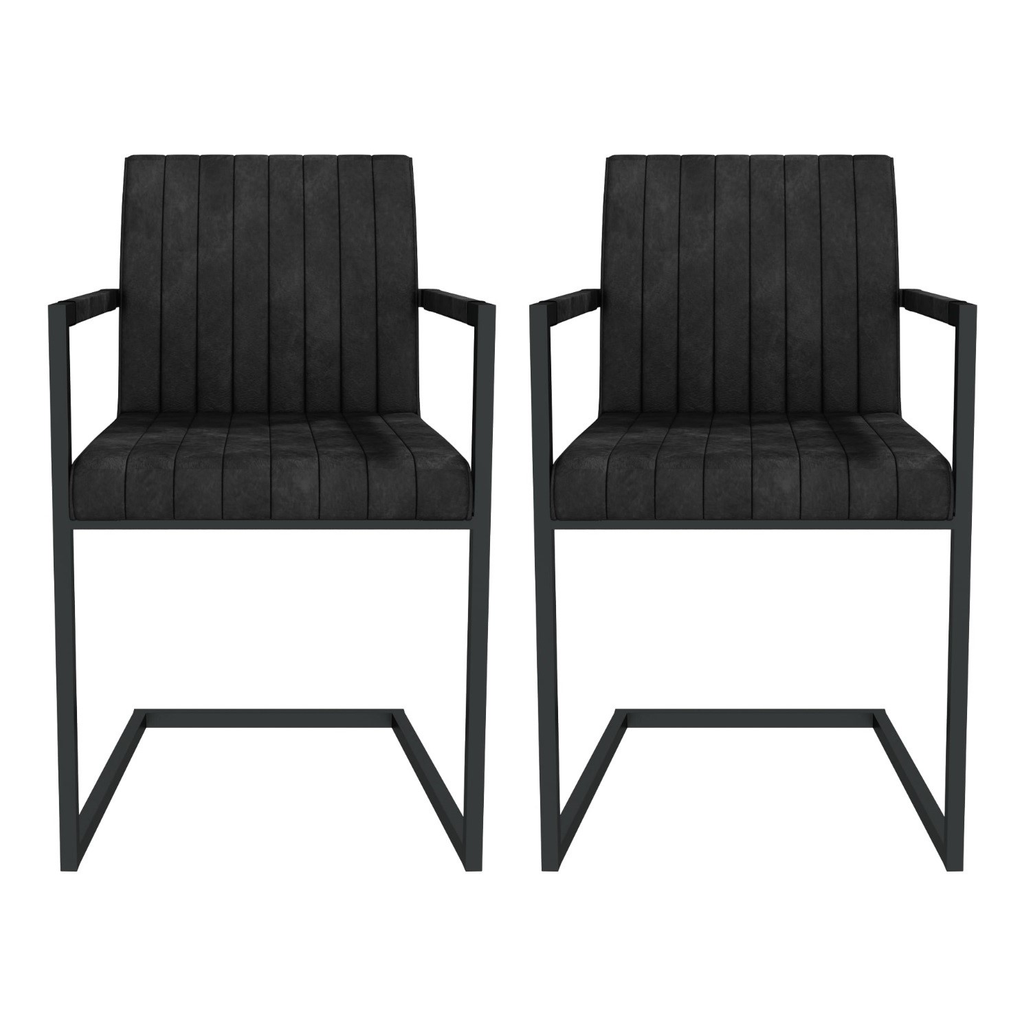 Retro Vintage Black Leather Pair Dining Chairs Metal Arms
