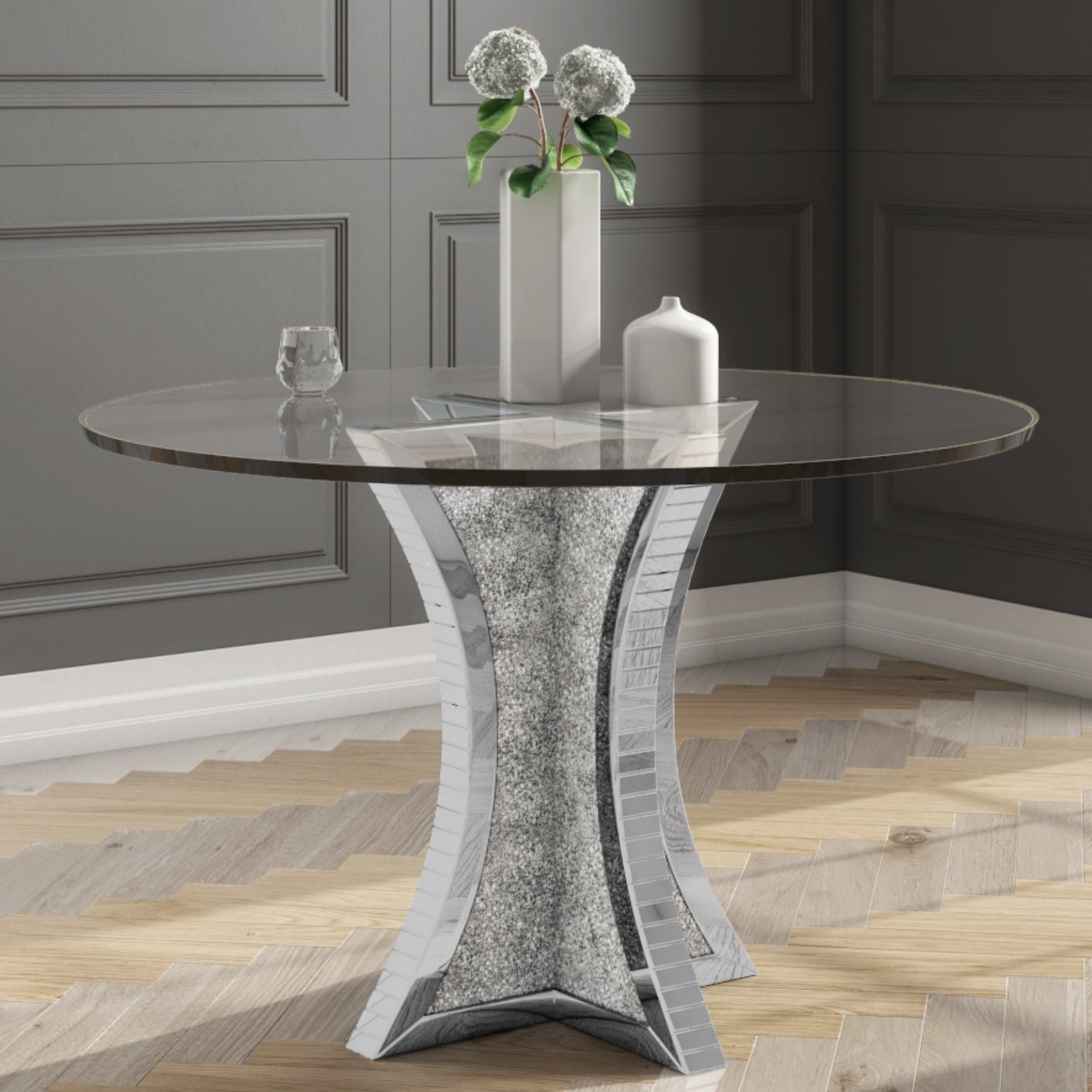 Round Mirrored Dining Table with Glass Top & Crushed Diamond Effect
