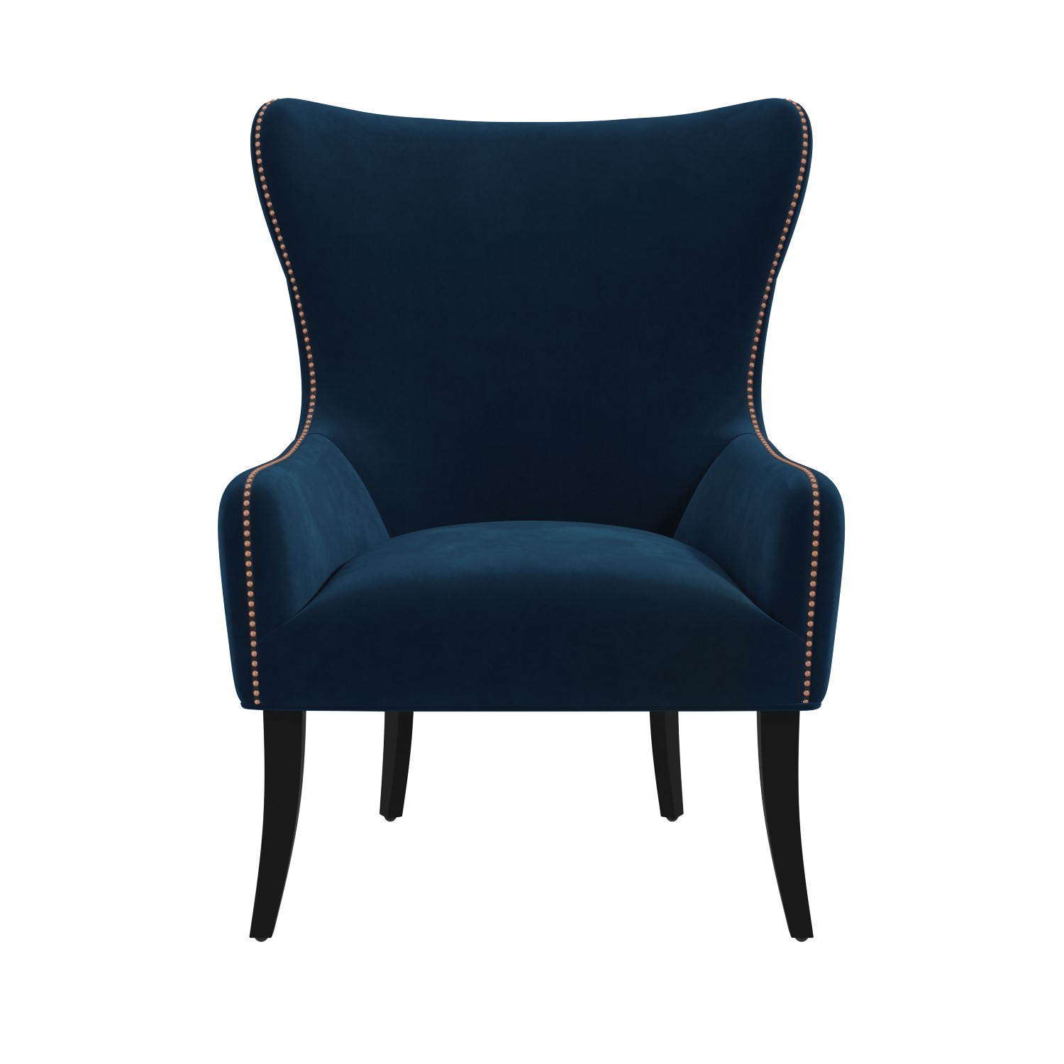 Navy Blue Velvet Armchair with Black Legs and Brass Studs Jade