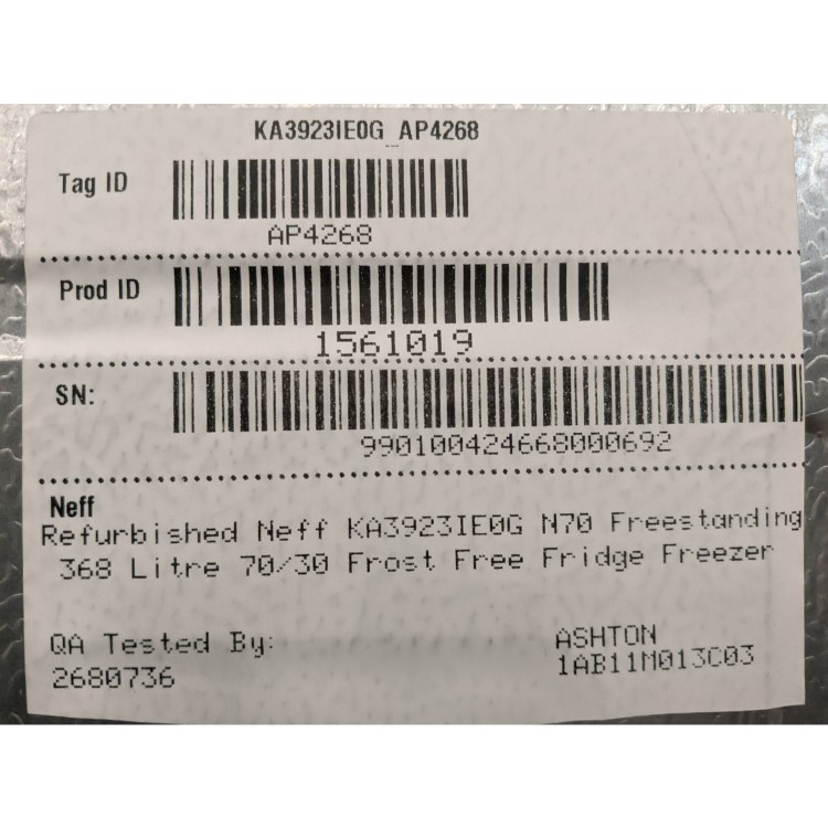 Refurbished Neff KA3923IE0G N70 Freestanding 368 Litre 70/30 Frost Free Fridge Freezer Stainless Steel