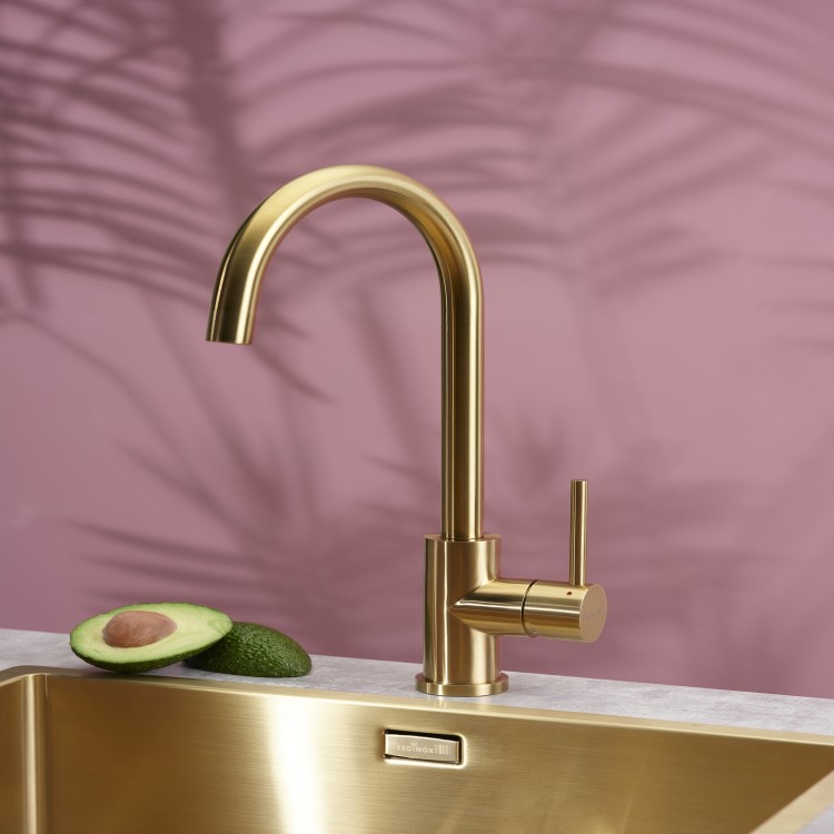Reginox Gold Single Lever Swan Neck Kitchen Tap in Kalix Gold