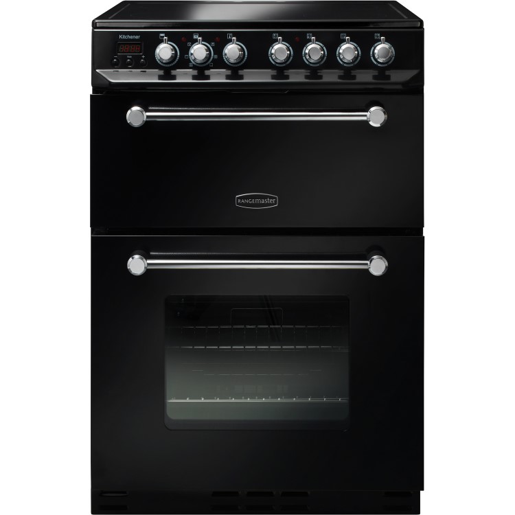 Rangemaster Kitchener 60cm Double Oven Electric Cooker With Ceramic Hob Black And Chrome