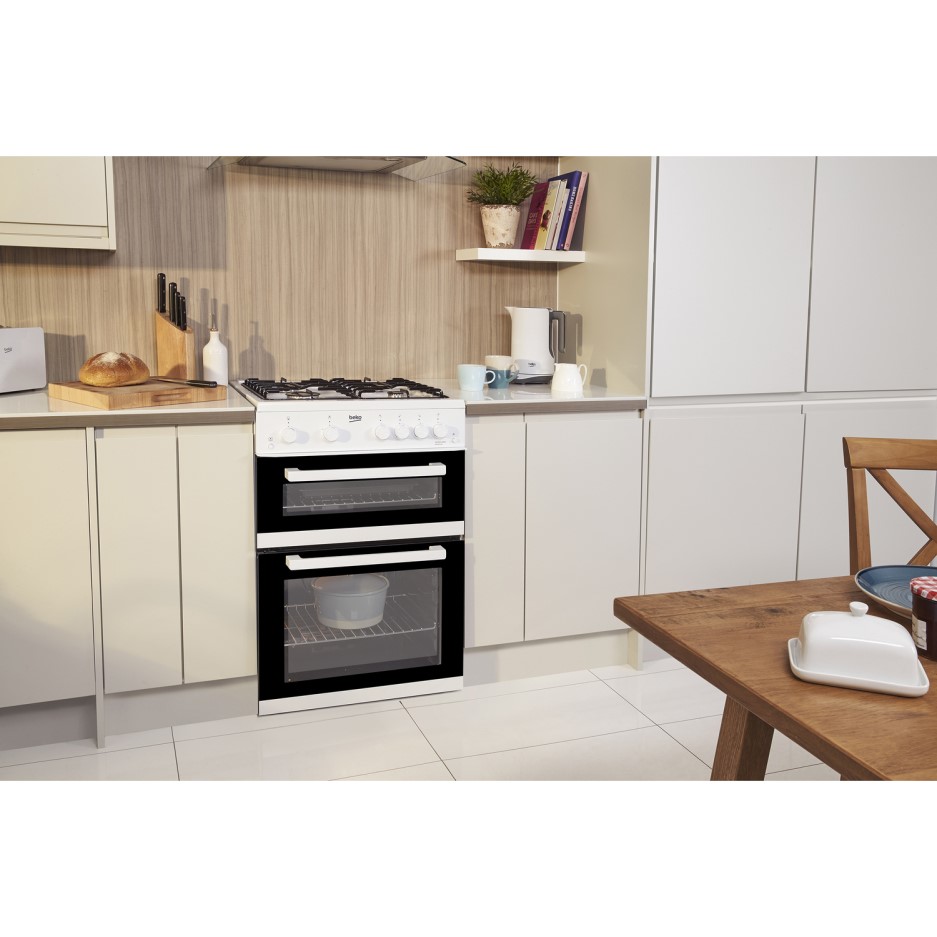 Beko 60cm Double Oven Gas Cooker White KDG611W Appliances Direct