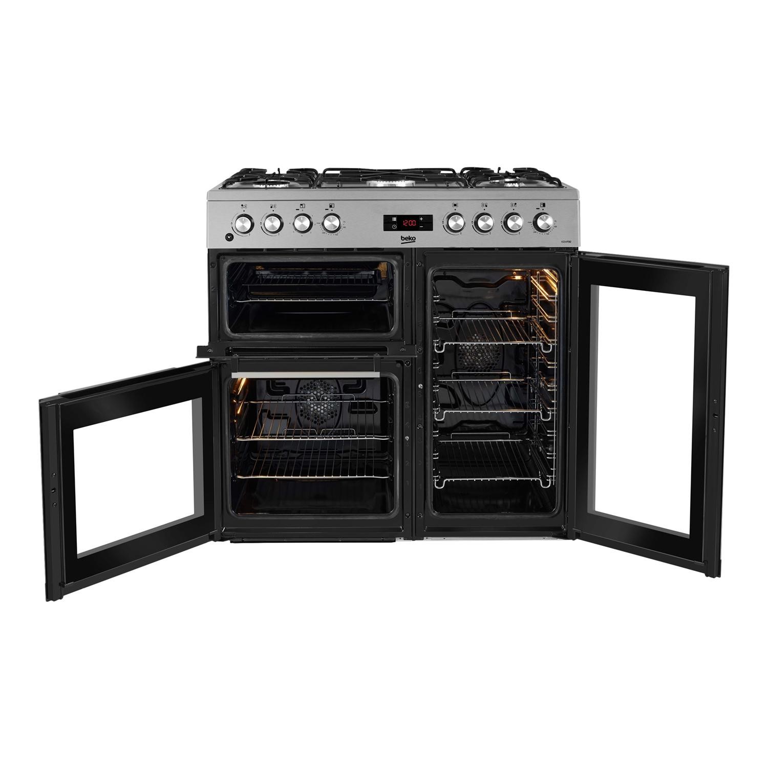 beko 90cm dual fuel range cooker stainless steel